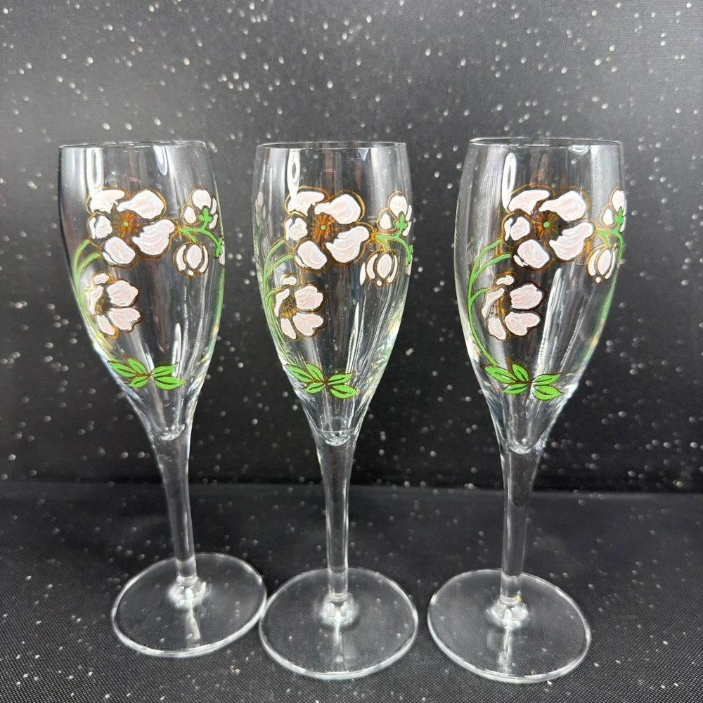 Perrier Jouet Belle Epoque Champagne Flutes Set of 3 Floral Anemone Glassware